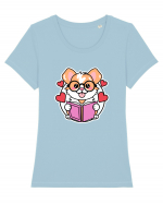 Kawaii Dog Reading A Book Tricou mânecă scurtă guler larg fitted Damă Expresser