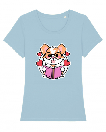 Kawaii Dog Reading A Book Sky Blue