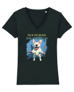 FIRST WE STEAL YOUR HEART, THEN YOUR BED & SOFA - Bull Terrier Tricou mânecă scurtă guler V Damă Evoker