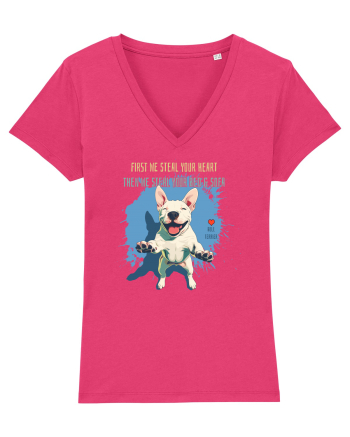 FIRST WE STEAL YOUR HEART, THEN YOUR BED & SOFA - Bull Terrier Raspberry