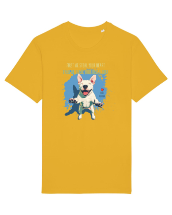FIRST WE STEAL YOUR HEART, THEN YOUR BED & SOFA - Bull Terrier Spectra Yellow