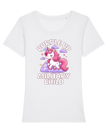 Unicorn Drăguț Mov Susține Copilul Militar Tricou mânecă scurtă guler larg fitted Damă Expresser