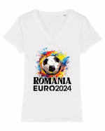 Suporter Romania - Splashed football Euro 2024 Tricou mânecă scurtă guler V Damă Evoker