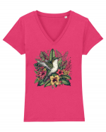 Colibri - flori exotice - 4 Tricou mânecă scurtă guler V Damă Evoker