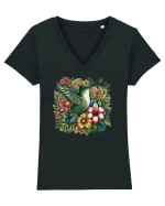 Colibri - flori exotice - 1 Tricou mânecă scurtă guler V Damă Evoker