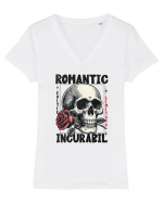 Romantic incurabil - Schelet craniu cu trandafir in gura Tricou mânecă scurtă guler V Damă Evoker