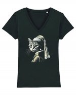 Pisica cu cercei de perla Tricou mânecă scurtă guler V Damă Evoker