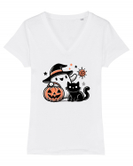 Halloween ghost and black cat Tricou mânecă scurtă guler V Damă Evoker