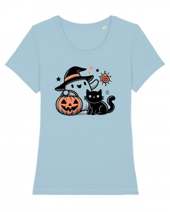 Halloween ghost and black cat Sky Blue