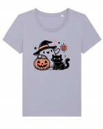 Halloween ghost and black cat Tricou mânecă scurtă guler larg fitted Damă Expresser