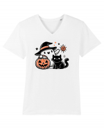 Halloween ghost and black cat Tricou mânecă scurtă guler V Bărbat Presenter