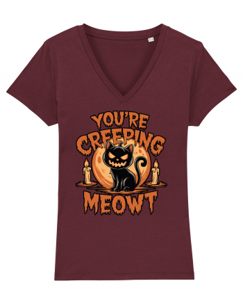 You're Creeping Meowt Pumpkin Face Cat Halloween Burgundy