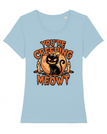 You're Creeping Meowt Pumpkin Face Cat Halloween Sky Blue