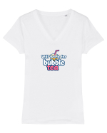 WILL WORK FOR BUBBLE TEA Tricou mânecă scurtă guler V Damă Evoker