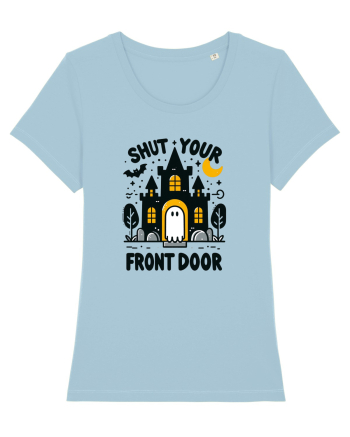 Shut your front door - cute yellow  ghost Sky Blue