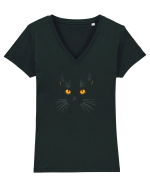 PISICA NEAGRA OCHI PORTOCALII Tricou mânecă scurtă guler V Damă Evoker