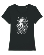 Caracatiță DJ cu căști – ilustrație alb-negru muzicală Tricou mânecă scurtă guler larg fitted Damă Expresser