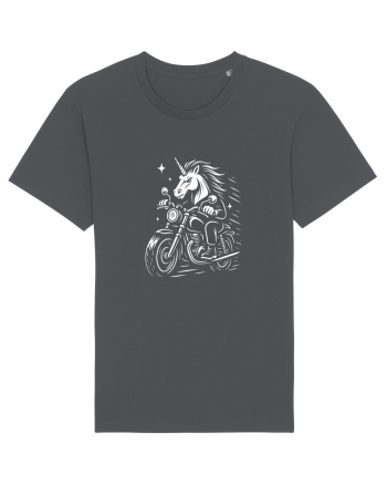 Unicorn biker pe motocicletă – ilustrație alb-negru rebelă Anthracite