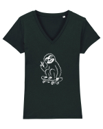Leneș pe skateboard – ilustrație alb-negru cool Tricou mânecă scurtă guler V Damă Evoker