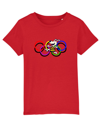 Playful Dog and Colorful Rings – Fun Cartoon Design Red