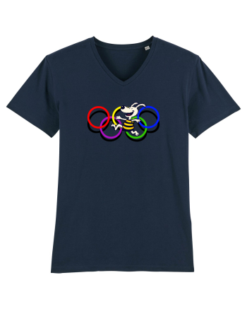 Playful Dog and Colorful Rings – Fun Cartoon Design French Navy