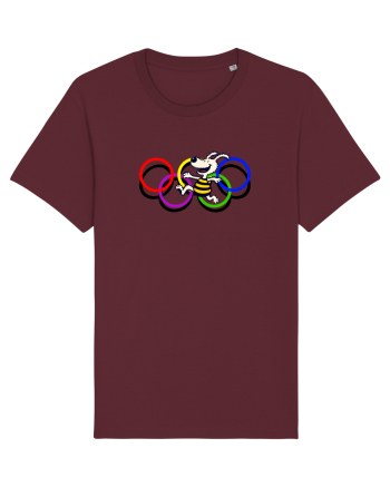 Playful Dog and Colorful Rings – Fun Cartoon Design Burgundy