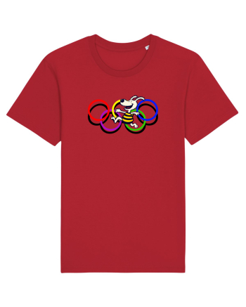Playful Dog and Colorful Rings – Fun Cartoon Design Red