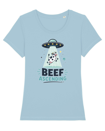 Beef Ascending Funny UFO Cow Alien Abduction Retro Sci Fi Humor Sky Blue
