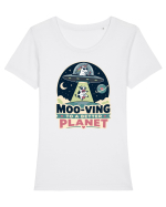 Ma mut pe alta planeta. Moo-Ving To A Better Planet Funny Unicorn UFO Cow Tricou mânecă scurtă guler larg fitted Damă Expresser