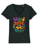 Funny Black Cat Hippie Quote Weird In The Best Way Retro Cat Humor Tricou mânecă scurtă guler V Damă Evoker