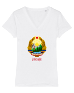Nu știi, te invățăm, Nu poți, te ajutăm, Nu vrei, te obligăm. Tricou mânecă scurtă guler V Damă Evoker