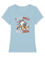 Funny Feline Cartoon Cat vs Dog Humor Cute Pet Animals Tricou mânecă scurtă guler larg fitted Damă Expresser