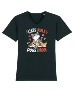 Funny Feline Cartoon Cat vs Dog Humor Cute Pet Animals Tricou mânecă scurtă guler V Bărbat Presenter