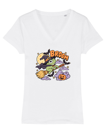 Funny Halloween Frog Witch Broomstick Pumpkin Bat Cute Broom White