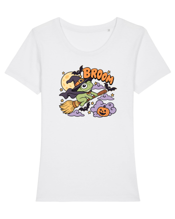 Funny Halloween Frog Witch Broomstick Pumpkin Bat Cute Broom White