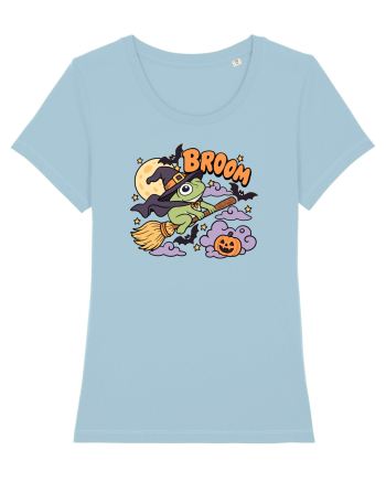 Funny Halloween Frog Witch Broomstick Pumpkin Bat Cute Broom Sky Blue