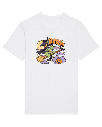 Funny Halloween Frog Witch Broomstick Pumpkin Bat Cute Broom White