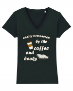 Easily Distracted By The Coffee And Books Tricou mânecă scurtă guler V Damă Evoker