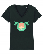 Sunset Palm Tree Beach Tricou mânecă scurtă guler V Damă Evoker