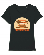 Tiny Home Big Living Beach Sunset Tricou mânecă scurtă guler larg fitted Damă Expresser