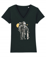 Astronaut Skater Retro Wood Style Tricou mânecă scurtă guler V Damă Evoker