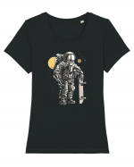 Astronaut Skater Retro Wood Style Tricou mânecă scurtă guler larg fitted Damă Expresser