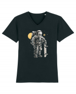 Astronaut Skater Retro Wood Style Tricou mânecă scurtă guler V Bărbat Presenter