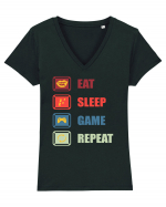 Eat Sleep Game Repeat Tricou mânecă scurtă guler V Damă Evoker