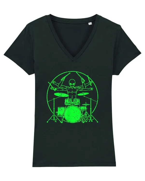 Green UFO Alien Drummer Tricou mânecă scurtă guler V Damă Evoker