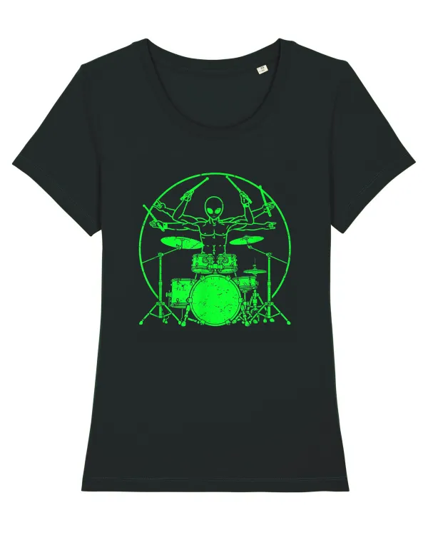 Green UFO Alien Drummer Tricou mânecă scurtă guler larg fitted Damă Expresser