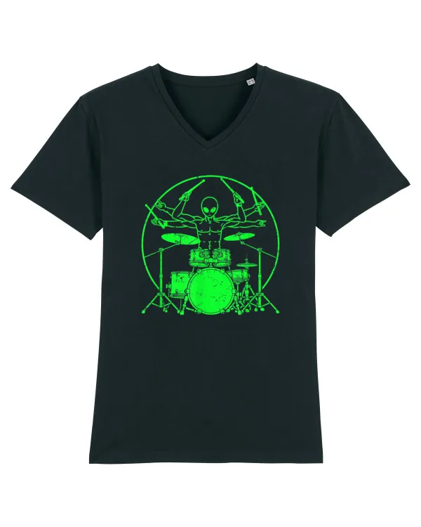 Green UFO Alien Drummer Tricou mânecă scurtă guler V Bărbat Presenter
