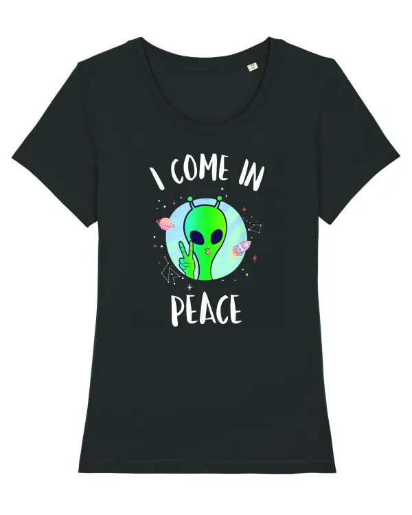 I Come In Peace Funny Alien Rave Tricou mânecă scurtă guler larg fitted Damă Expresser