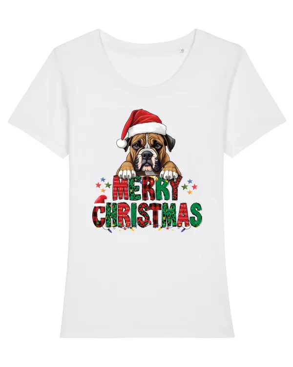 cu urări de Crăciun si cățel Boxer Tricou mânecă scurtă guler larg fitted Damă Expresser