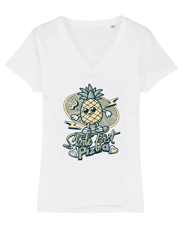 Ananas Amuzant Retro Pizza Skate Skateboarder Tricou mânecă scurtă guler V Damă Evoker